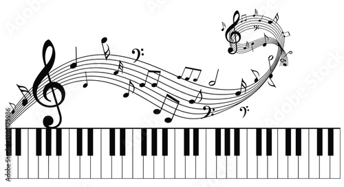 Elegant piano keyboard with musical notes, clefs, and symbols swirling gracefully above, representing harmonious