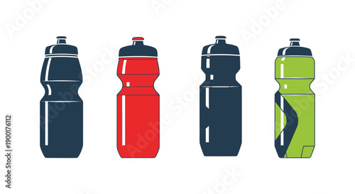 Four colorful water bottles in a row isolated on a white background