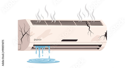 Broken air conditioner unit leaking water and emitting smoke