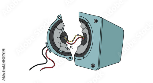 Exploded view of a broken speaker with visible internal components