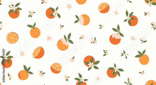 Vibrant seamless pattern of fresh oranges and delicate blossoms, perfect for summer packaging, textiles, and cheerful designs that evoke sunshine and zest