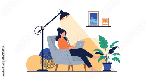 Cozy woman working on laptop from comfortable armchair bathed in warm lamp light, creating a peaceful and productive home office atmosphere