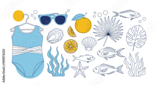 Dive into summer vibes with a stylish blue swimsuit, vibrant oranges, cool sunglasses, playful fish, and oceanic treasures for your next vacation collection