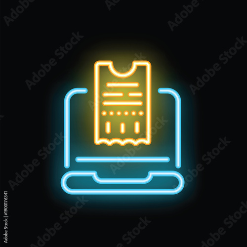 Glowing neon icon of a laptop displaying an online receipt, representing online shopping and digital payment