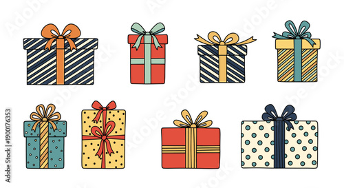 Celebrate joy with a vibrant collection of beautifully wrapped gift boxes adorned with colorful ribbons and festive patterns, perfect for any special occasion or festive greeting.
