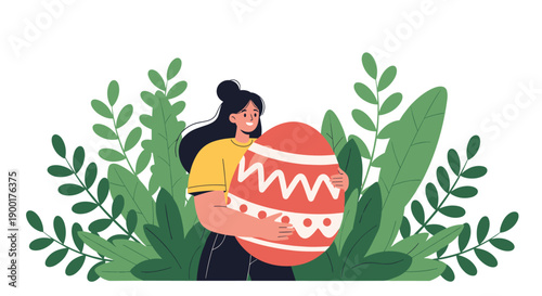 Joyful woman embraces a giant, beautifully decorated Easter egg amidst lush green foliage, celebrating springtime and festive traditions with a cheerful smile