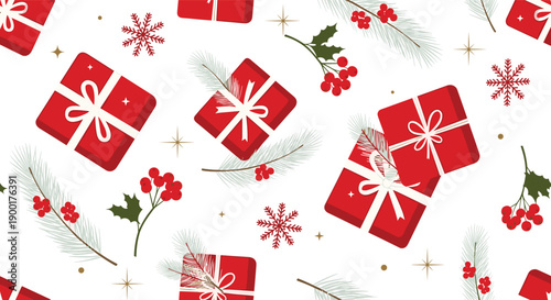Festive red gift boxes with white ribbons, pine branches, holly berries, and snowflakes create a joyful seamless pattern for your holiday designs and decorations.