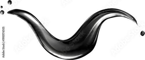Glossy black liquid splash forming dynamic S curve with reflective droplets, high contrast fluid wave overlay for modern web design and advertising visuals