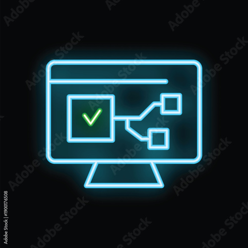 Neon icon of a computer displaying a completed algorithm with a green checkmark on a black background