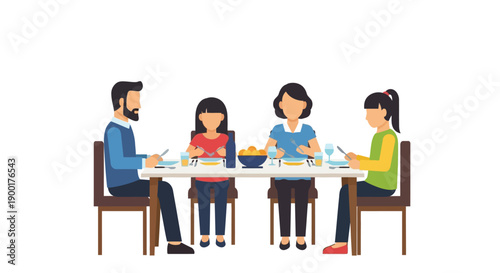 Family enjoying a meal together at a dining table flat vector illustration