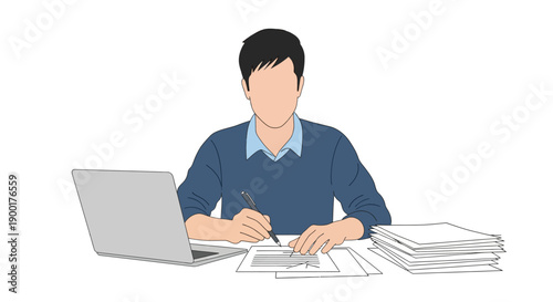 A man is working on a laptop with papers and a pen nearby