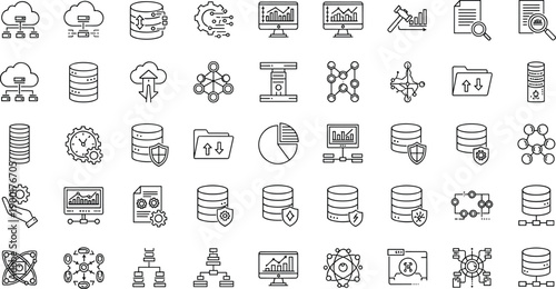 Data management icons, cloud computing, database storage, analytics dashboard, secure network, IT infrastructure, digital technology, system protection, information processing, visualization