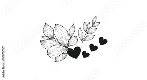 Elegant floral design with delicate leaves and charming hearts, perfect for romantic invitations, wedding decor, or heartfelt greeting cards, exuding tenderness and affection.