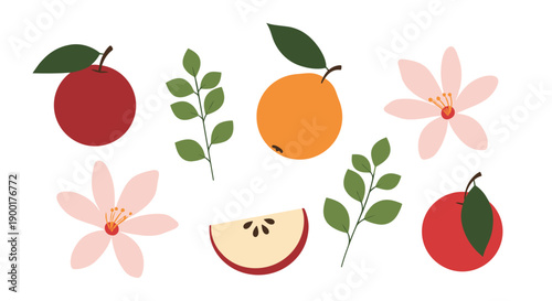 Vibrant collection of stylized fruits, delicate flowers, and fresh green leaves evoking natural beauty and healthy living, perfect for seasonal designs.