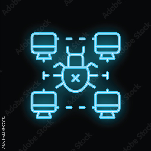 Neon blue glowing cyber security icon with computer bug virus spreading to computers