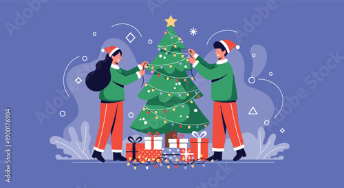 Joyful couple cheerfully decorates a vibrant Christmas tree with festive lights and presents below, capturing the heartwarming spirit of holiday preparation and celebration