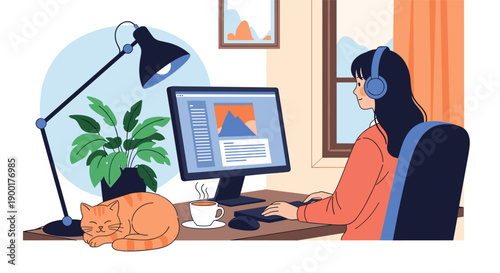Cozy home office setup with a focused woman wearing headphones, sleeping cat, steaming coffee, and a vibrant desk lamp illuminating a computer screen