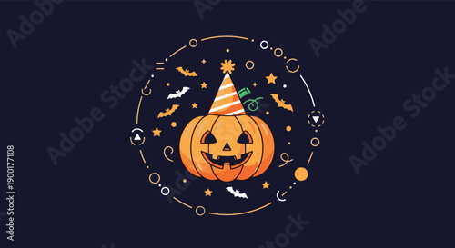Joyful carved pumpkin wearing a festive party hat surrounded by playful bats and stars, perfect for your spooky season celebrations and whimsical autumn designs.
