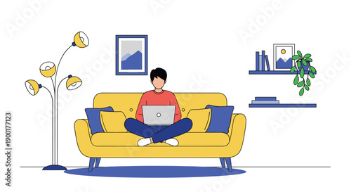 Young man comfortably working on laptop from cozy yellow couch in modern minimalist living room, embodying remote work lifestyle and digital nomad freedom.