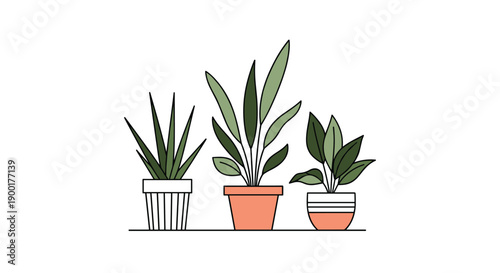 Vibrant potted houseplants create a fresh, modern botanical display bringing natural beauty and calming greenery to any interior design or wellness concept