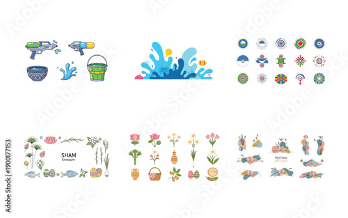 Colorful of Easter and Holi festival Easter eggs flowers water guns buckets