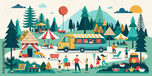 Vector Landscape of a Vibrant Summer Fair with People Enjoying Picnic, BBQ, and Street Food in Nature.eps