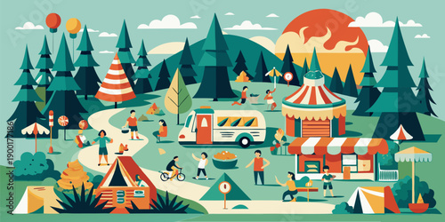 Outdoor Summer Festival and Camping Illustration with Food Trucks, Tents, and People Relaxing in a Forest Park.eps