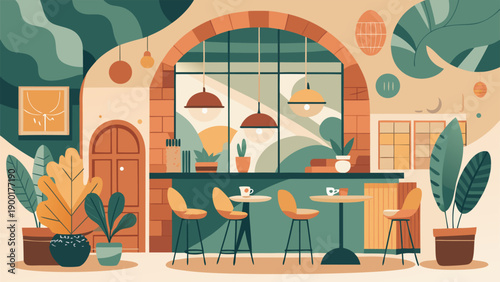 Vector cafe illustration set with people drinking coffee, cozy interior with plants, and minimalist hand-drawn flat design elements..eps