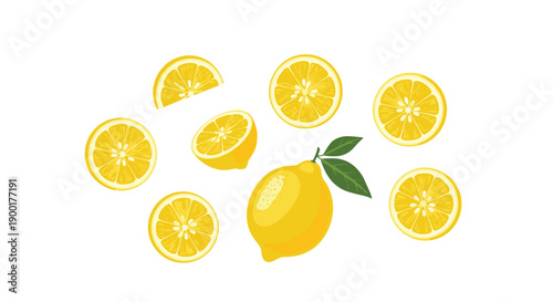 Vibrant yellow lemons and juicy slices scattered across a clean white background, perfect for refreshing summer designs and healthy food promotions.