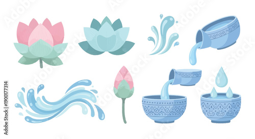 Blue water pouring into bowls with lotus flowers