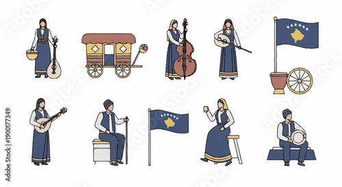 Bosnian folk musicians and flag traditional