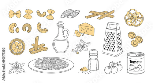 Vibrant Italian culinary collection featuring diverse pasta shapes, fresh tomatoes, basil, cheese, olive oil, and grater for homemade delights.