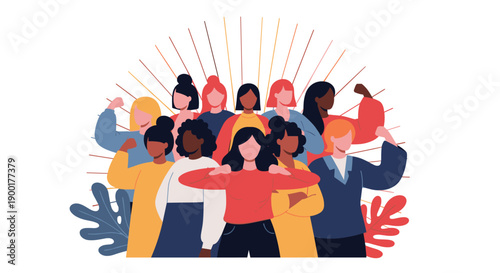 Diverse group of women united, showing strength and solidarity with raised fists and confident stances, celebrating empowerment and collaboration in a modern, vibrant visual.