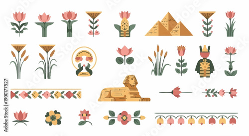 Egyptian floral patterns with sphinx pyramid and pharaoh