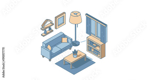 Isometric illustration of a modern living room with furniture and decor.