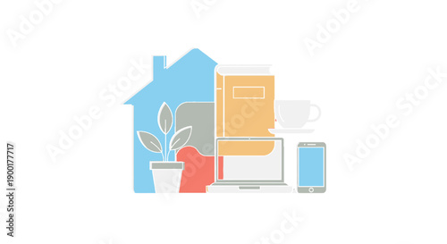 Home office setup with computer and potted plant.