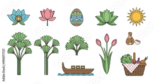 Colorful of plants flowers boat and basket lotus flower pink lotus blue lotus easter egg