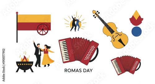 Romas Day celebration symbols with flag, music, dance, and fire Spain