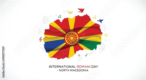 International Romani Day North Macedonia colorful map with flag and music symbols
