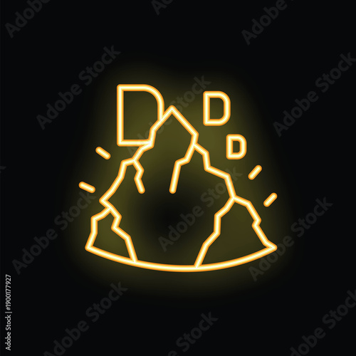 Yellow glowing neon sign representing damage with cracks and the letter d on a black background