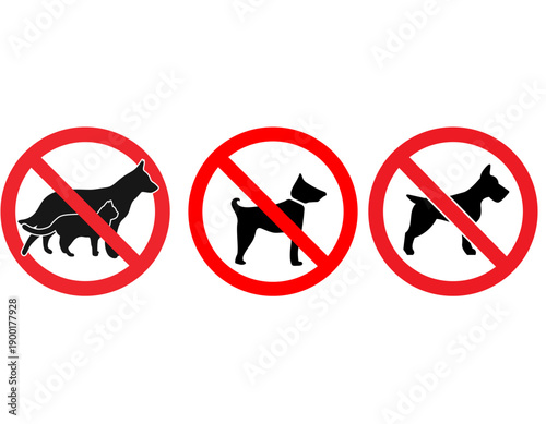 Three red circular no dogs allowed signs with black dog silhouettes crossed out.