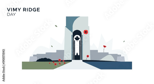 Vimy Ridge monument with poppies and maple leaf memorial red flowers