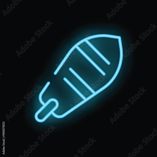 Bright blue neon sign depicting a surfboard, evocative of beach culture, summer vibes, and watersports