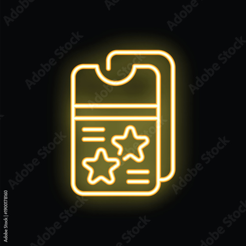 Neon yellow icon of two vip backstage passes glowing on a black background