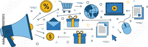 Digital marketing concept, ecommerce strategy, online promotion, global reach, shopping cart, video content, email, discount, dollar sign, communication tools