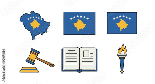 Kosovo map and flag with law and justice symbols gavel book