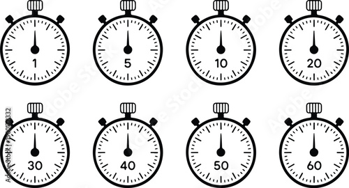 Stopwatch Timer Icon Set with Seconds Countdown from 1 to 60 for Time Measurement