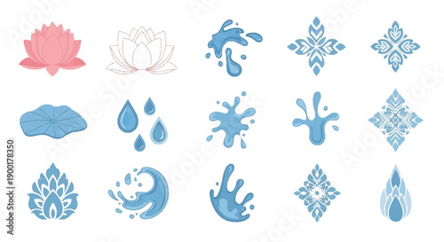 Blue water droplets and floral on white background floral lotus flowers snowflakes
