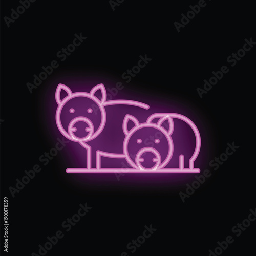Vibrant neon sign depicting two pigs standing side by side, emitting a captivating purple glow against a dark backdrop