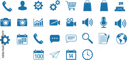 Digital icon set, communication symbols, interface tools, media graphics, productivity visuals, blue theme, vector pack, minimal design, modern style